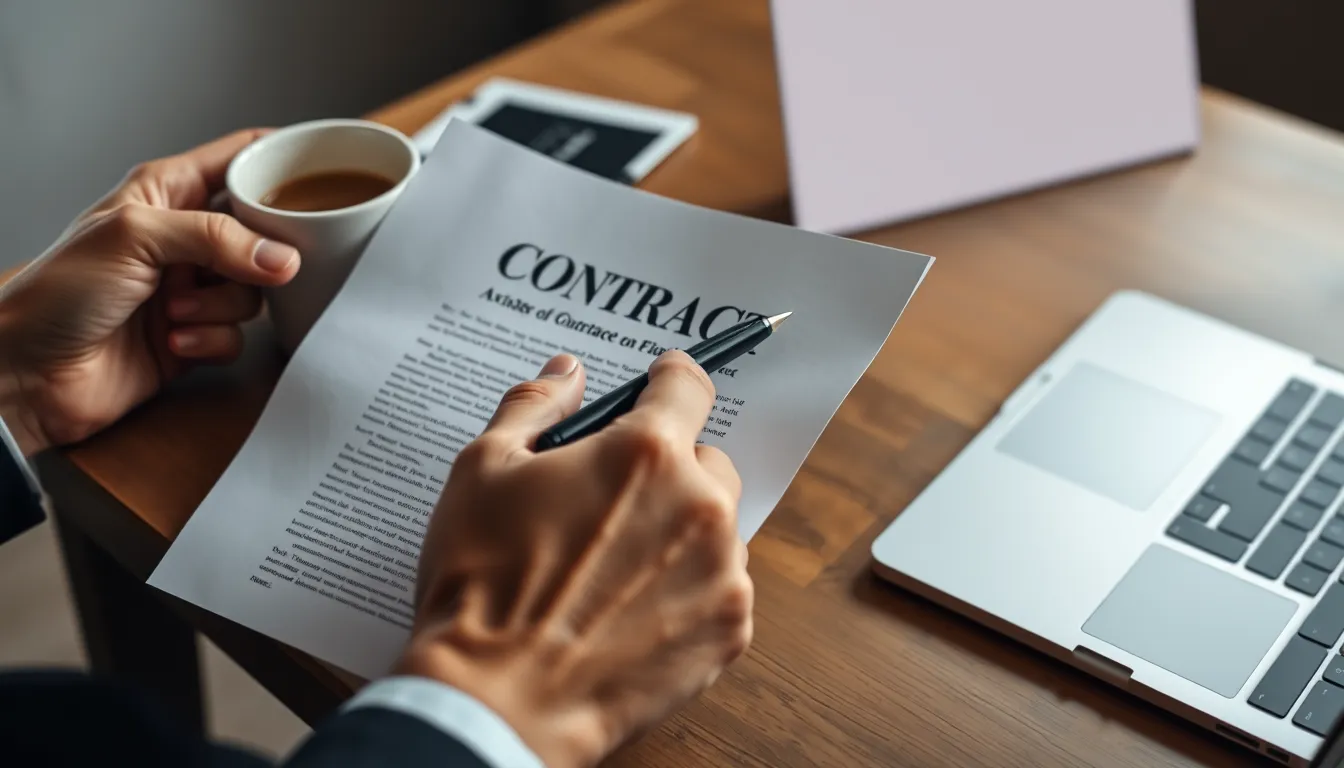 Close-up of a hand holding a legal contract with a pen, coffee mug, and laptop on a desk.