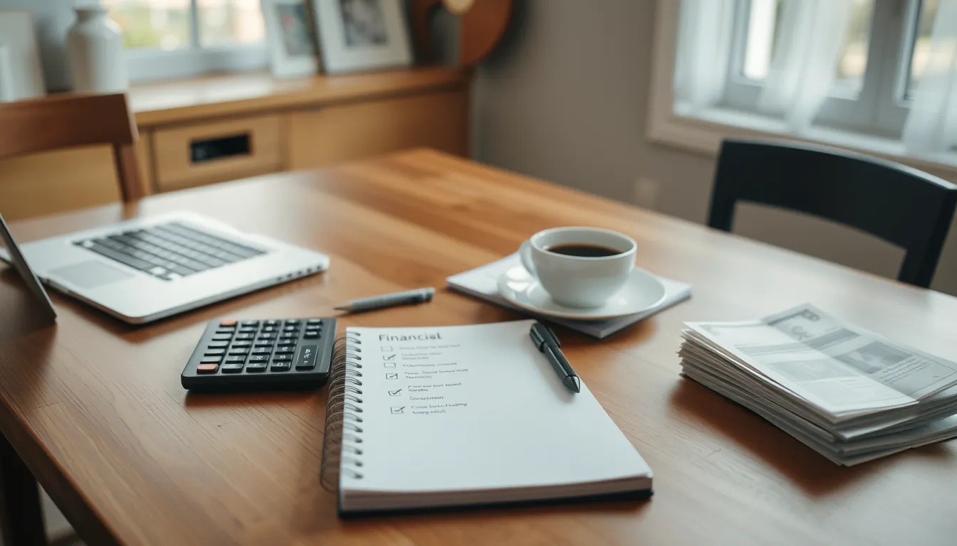 Kitchen table with laptop, calculator, notebook, coffee cup, and bills.