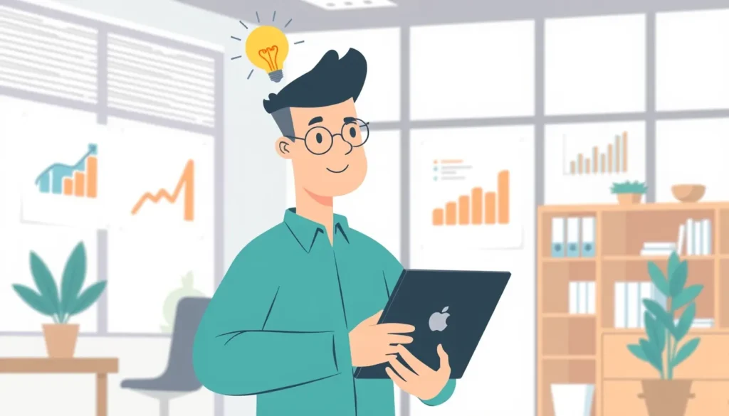 Illustration of a generic figure in an office, holding a notebook and laptop, with a lightbulb above, surrounded by charts.